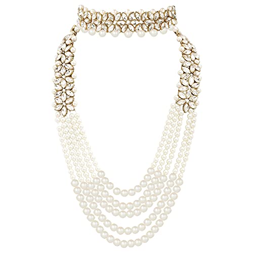 Aheli Wedding Party Wear Bridal Jewellery Choker Long Pearl Necklace Earrings Maang Tikka Indian Traditional Set Gift for Women - color: White
