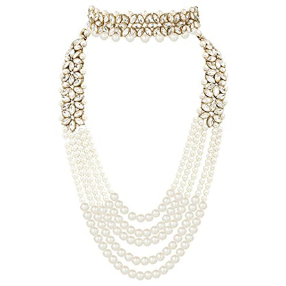Aheli Wedding Party Wear Bridal Jewellery Choker Long Pearl Necklace Earrings Maang Tikka Indian Traditional Set Gift for Women - color: White