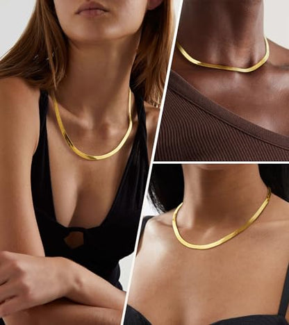 Wowshow 14K Gold Plated Italian Snake Chain Necklace Flat Herringbone Choker Dainty Necklace Bracelet Set for Women 16-18-20 Inch - color: 4.5mm-16 Inches-Necklace
