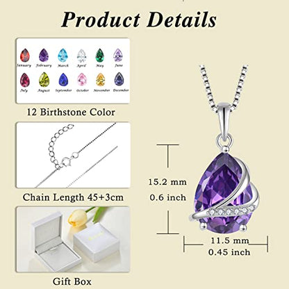 Birthstone Pendant Necklace 925 Sterling Silver Teardrop Jewelry for Women - color: Purple