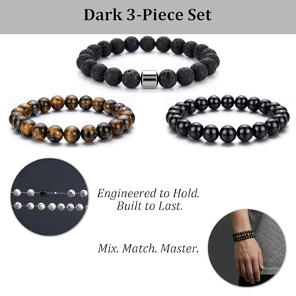 Natural Stone Beaded Bracelet for Men Women Boho Adjustable - color: Dark 3-Piece Set