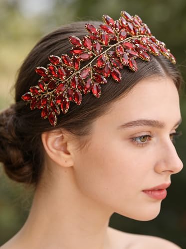 Missgrace Women Silver Green Black Red Blue Handmade Full Crystal Rhinestone Large Headband Hair Vine Shinny Headpiece Bridal Wedding Hair Accessories for Women (Red) - color: Red