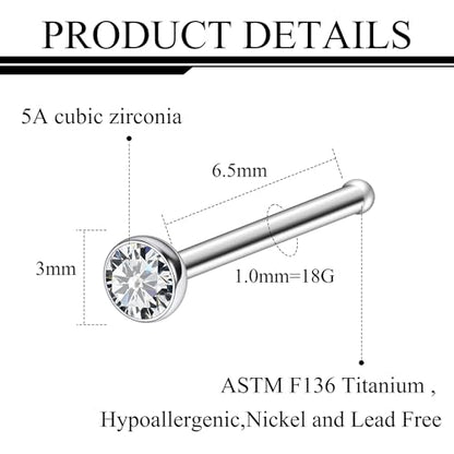 ASTM F136 Titanium Nose Rings 18G 20G 22G Jeweled Clear Cubic Zirconia Nose Studs Ring Screw L-Shaped Bone Hypoallergenic Body Piercing Jewelry for Women 1.5mm 2mm 2.5mm 3mm 10PCS - style: Bone:18G(1.0mm)-2mm CZ