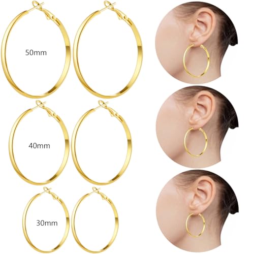 5/12 Pairs Gold Silver Plated Hoop Earrings for Women, Hypoallergenic Stainless Steel Hoops Earrings Set, Lightweight Large Small Hoops Women Earrings Loop Earrings Set - color: 6 Pairs Silver Gold Plated Flat Round Shape Hoop Earrings