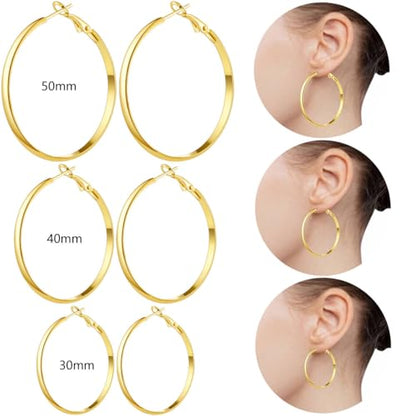 5/12 Pairs Gold Silver Plated Hoop Earrings for Women, Hypoallergenic Stainless Steel Hoops Earrings Set, Lightweight Large Small Hoops Women Earrings Loop Earrings Set - color: 6 Pairs Silver Gold Plated Flat Round Shape Hoop Earrings