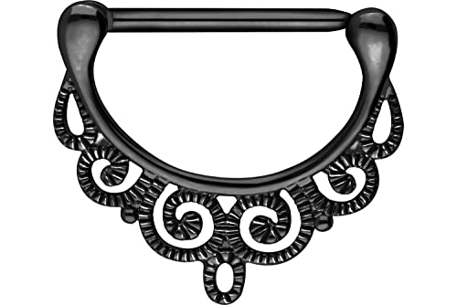 PIERCINGLINE 14G Surgical steel nipple piercing oriental design nipple jewelry barbell 1 PC - color: Black, size: 16 mm bar length