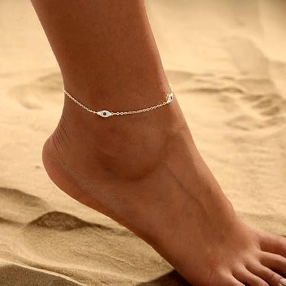 Ankle Bracelets for Women 14K Gold/Silver Plated Cross Heart Bead Anklet Waterproof Adjustable Chain Non Tarnish Cute Boho Trendy Dainty Summer Beach Foot Jewelry Gift for Her - style: Evil Eye-GD