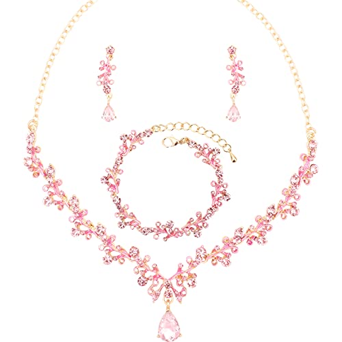 3Pcs Austrian Crystal Jewelry Set for Women, Necklace Dangle Earrings Link Bracelet Jewelry Set with Gold/Platinum/Gun Plated, Wedding Party Jewelry for Bridal Bridesmaid - color: Pink-Gold Plated