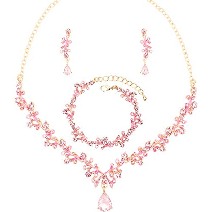 3Pcs Austrian Crystal Jewelry Set for Women, Necklace Dangle Earrings Link Bracelet Jewelry Set with Gold/Platinum/Gun Plated, Wedding Party Jewelry for Bridal Bridesmaid - color: Pink-Gold Plated