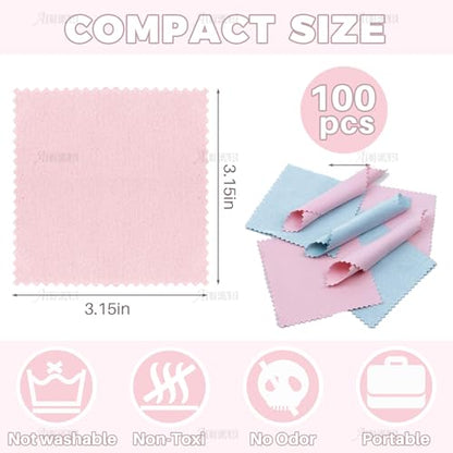 AUEAR, 100 Pack Jewelry Cleaning Cloths, Polishing Cleaner Cloth for Sterling Silver Gold Platinum Small Diamond Polish Cloth Pink & Blue 8x8cm
