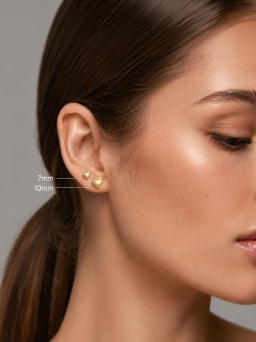 JustBeingCute Heart Stud Earrings 14K Gold Plated 925 Sterling Silver Posts | Dainty Simple Heart Earrings for Women hypoallergenic Chunky Puffy Studs Lightweight with Gift Box（7/10mm） - color: 10mm 14K Gold Stud