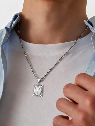 U7 Initial Letter Necklace for Men Women, 14K Gold/Silver Plated Square Capital Monogram Pendant Necklace from A-Z with 22+2 Inch Figaro Chain, Personalized Jewelry for Him - color: Silver, style: T