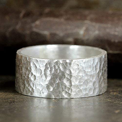 925 Sterling Silver Wedding Ring Hammered Flat Pipe Cut Textured Thick & Durable Handmade Unisex Mens & Women Rustic Engagement Promise Band - US Size 4-13 - Custom Engraving - color: 01 - 9mm Silver