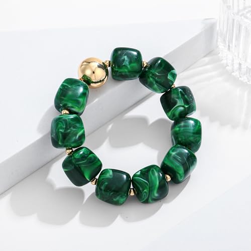WOWORAMA Chunky Beaded Bracelets for Women Colorful Large Square Beads Bracelet Boho Acrylic Resin Stretch Bracelets Statement Chunky Bracelet Summer Jewelry - color: Square-Dark Green