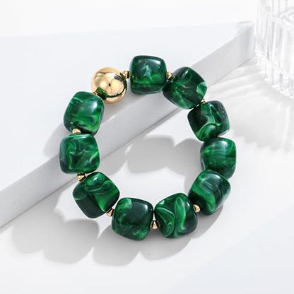 WOWORAMA Chunky Beaded Bracelets for Women Colorful Large Square Beads Bracelet Boho Acrylic Resin Stretch Bracelets Statement Chunky Bracelet Summer Jewelry - color: Square-Dark Green