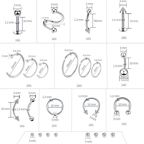 A-minusone 84+98+120PCS Body Septum Piercing Kit 14G 16G Tools for Nose Tongue Lip Ear Eyebrow Belly Button Cartilage Tragus Industrial Barbell Helix Daith Piercing Jewelry Clamps - size: 98 Pcs
