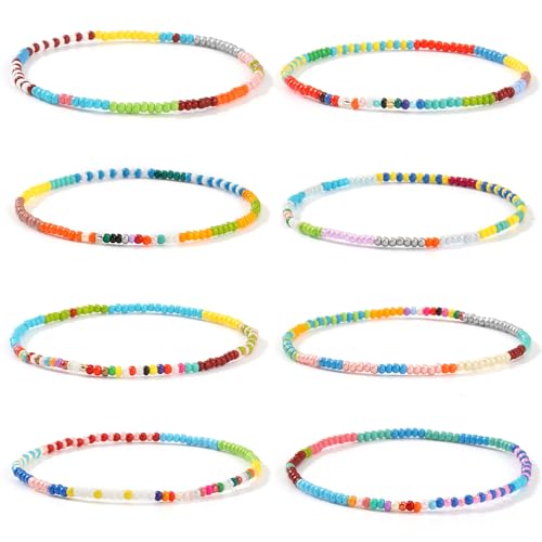 Gold Seed Beaded Stack Bracelets for Women,Handmade Stackable Stretch Colorful Ball Fall Jewelry Friendship Accessories Gift - color: rainbow