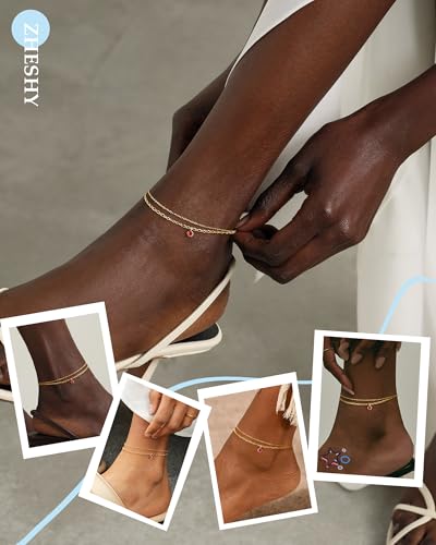 ZHESHY Ankle Bracelets for Women Gold Layered Anklets with Birthstone | 14K Gold Plated Dainty Waterproof Non Tarnish Chain Anklet Bracelets Summer Beach Jewelry Birthday Gifts - color: 07.Magenta July