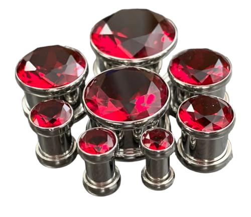 PAIR of Stunning Large CZ Red Gem Screw Fit Tunnels - Plugs - Gauges - Body Jewelry - size: 1/2" (12mm)