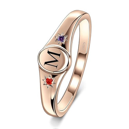 S925 Sterling Silver Personalized Initial Signet Ring Customized Letter With Birthstones Band Engraved Stacking Rings for Mother Daughter Wife Birthday Wedding Engagement Promise Ring - color: Style 1