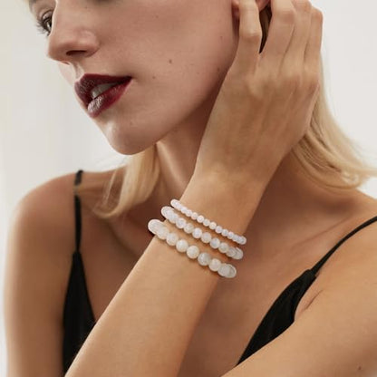 Crystal Beaded Bracelets for Women 4mm Clear Quartz Bead Handmade Gemstone Stretch Elastic Bracelet Natural Stone Crystal Healing Reiki Spiritual Jewelry Gifts - color: Moonstone, size: 4mm