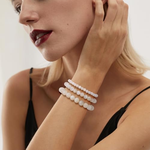 Crystal Beaded Bracelets for Women 4mm Clear Quartz Bead Handmade Gemstone Stretch Elastic Bracelet Natural Stone Crystal Healing Reiki Spiritual Jewelry Gifts - color: Moonstone, size: 6mm