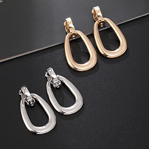 Gold Metal Clip On Earrings for Women Non Pierced Dangle Drop Earrings Multiple Styles - color: gold geometric