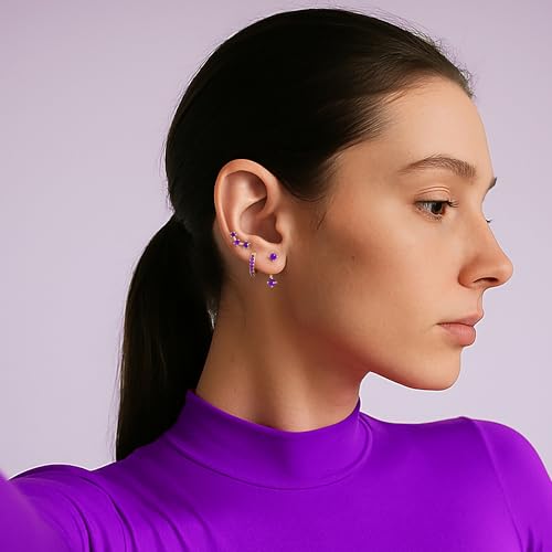 3 Pairs Dainty Small Earrings Set for Women Trendy, Birthstone Stud Huggie Hoop Jacket Stack for Cartilage Helix, Gold Plated Hypoallergenic Cute Women Fashion Accessories Western Jewelry Gifts - color: 02Purple Created Amethyst-Feb (Gold)