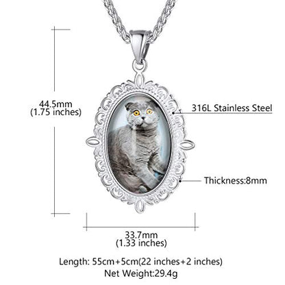 Custom4U Personalized Photo Necklace - Custom Heart/Oval/Round Charm Necklaces with Picture + Chain Adjustable - Stainless Steel/Acrylic Pendant Memorial Jewelry Christmas Gifts for Women - color: E-Silver Color
