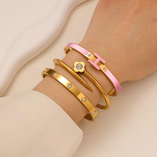 3Pcs Gold Bracelets for Women 14K Gold Plated Love/H/Nail Bangle Bracelet Dainty Non Tarnish Bracelet Jewelry Christmas Mothers Day Gifts for Women - color: 3Pcs Gold/Pink H bracelet