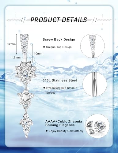 FIBO STEEL 8Pcs Belly Button Ring for Women Dangle Belly Rings Surgical Steel Cute Heart Flower Dainty Dangly Belly Button Piercing Jewelry Navel Ring Silver Plated 14G