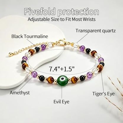 ROYONE Evil Eye Bracelets - 5 Healing Crystals Gift Set，Adjustable Natural Stone Jewelry for Anxiety Relief & Good Luck - color: black