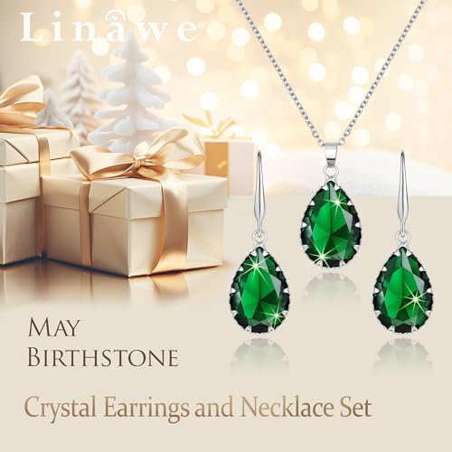Linawe Crystal Jewelry Sets for Women, Imitation Diamond Pendant Necklace, Rhinestone Drop Dangle Earrings, Birthstone Cubic Zirconia Matching Wedding Jewelry, 14K Gold/Rose Gold/Silver Tones - color: Silver,Emerald,May
