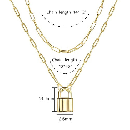 Lock Necklace for Women Paperclip Link Chain Padlock Necklace Non-Tarnish - color: Gold - 2 PCS Layered Lock Necklaces