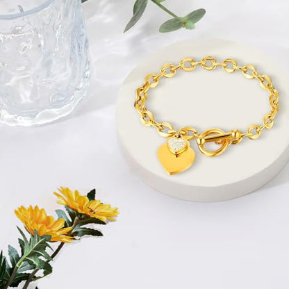 Heart Charm Bracelet Plated 18K Gold/Silver/Rose Gold Bible Scripture Heart Bracelet for Women Jewelry Gift Zircon Her Link Chain OT Clasp Stainless Steel Birthday - color: Gold-Zircon, size: 7.1 inch