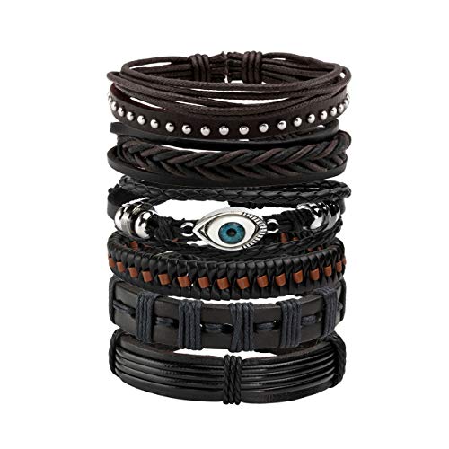 6-12PCS Braided Faux Leather Bracelet Punk Cuff Wrap Bracelets for Men Women Adjustable - color: E:6pcs
