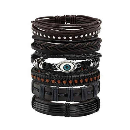 6-12PCS Braided Faux Leather Bracelet Punk Cuff Wrap Bracelets for Men Women Adjustable - color: E:6pcs