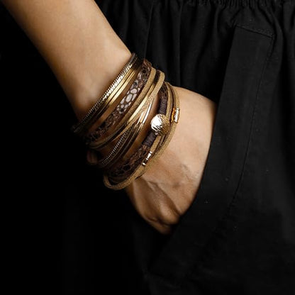 Fesciory Leather Wrap Bracelet for Women, Boho Western Layered Cuff Jewelry | Stackable Bracelets, Easy-On Clasp, Daily Wear, Pairs with Boho Western Outfits, Gift for Women - color: Brown5