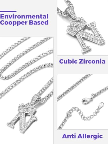 Richsteel Silver Crown Initial A-Z Letter Pendant Necklace for Men Women | Cubic Zirconia Monogram, 316L Steel Chain, 22" + 2" Extender,Hypoallergenic,Gift Box, Hip Hop Jewelry - style: N