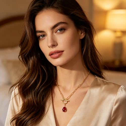 Teardrop CZ Pendant Paperclip Chain Necklace 18K Plated Paperclip Toggle Necklace Jewelry Birthstone Gift for Women - color: Garnet-January