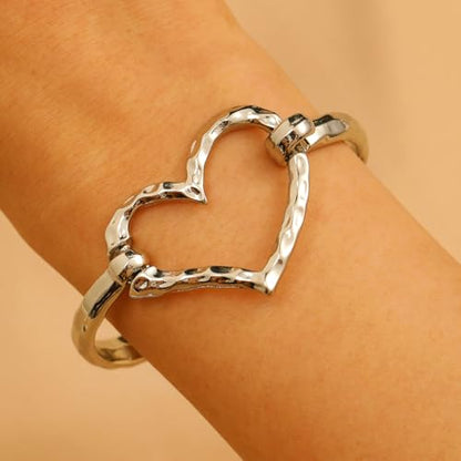 Chunky Heart Bracelet for Women Gold Silver Heart Cuff Bracelet Open Statement Love Bangle Minimalist Jewelry - color: Silver Heart