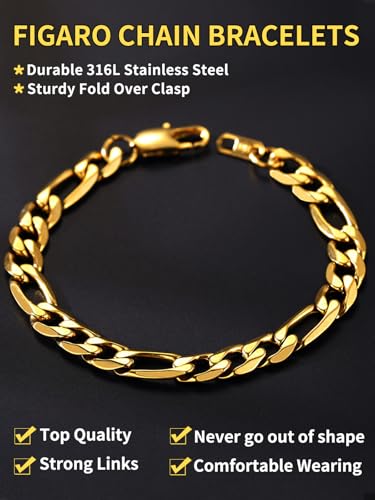 ChainsHouse Figaro Link Chain Bracelet for Men Stainless Steel Jewelry | Black/ Gold Bracelets Men, 6/9/13mm Figaro Cuabn Bracelets 7.5"/8.3", Chunky Hip Hop Wrist Hand Chain Bracelet for Gift - color: a: 9mm-gold