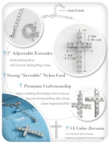 Teardrop 925 Silver CZ Floating Pendant Necklace 16 Inch Cubic Zirconia Invisible Necklace, Hypoallergenic, Jewelry Gifts for Women Anniversary Birthday - color: cross