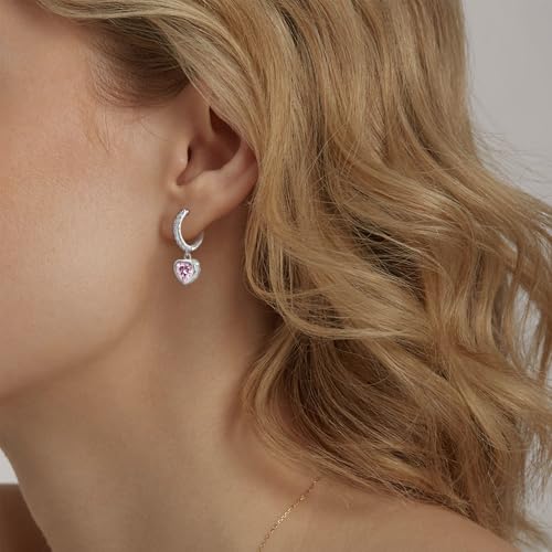 Heart Hoop Earrings with Dangle Sterling Silver Love Heart-Shaped Loop Earrings for Women Hypoallergenic Sparkle Birthstone Cubic Zirconia Hoop Earring with Dangling Charms Dainty Fashion Jewelry Gift - color: Pink