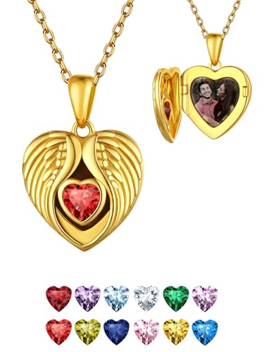 FindChic Locket Necklace for Women Custom Photo Memorial Gifts 4 Colors | Silver/Black/Rose Gold/Gold Plated Personalized for Loved Ones, Birthday Valentine's Day Keepsake - style: 06. Birthstone Style 3-Gold
