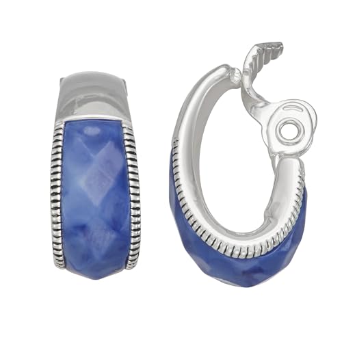 Napier 24MM Silvertone and Blue Faceted Stone Huggie Clip On Hoop Earrings