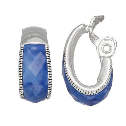 Napier 24MM Silvertone and Blue Faceted Stone Huggie Clip On Hoop Earrings