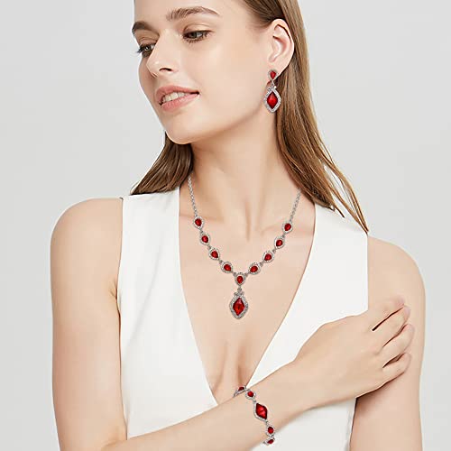 EVER FAITH Bridal Wedding Crystal Marquise Teardrop Pendant Necklace Earrings Bracelet Set for Prom - color: Red Silver-Tone