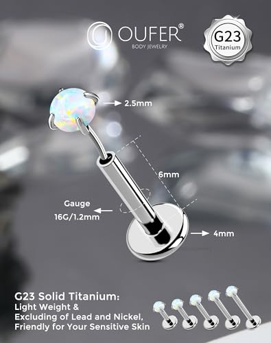 OUFER 2PCS 16G/20G Nose Lip Studs, G23 Solid Titanium Threadless Push in Nose Nostril Lip Labret Medusa Monroe Helix Cartilage Tragus Conch Lobe Piercing Jewelry for Women Men - color: Silver bar, Claw Opal, size: 2pcs, 16g 6mm, 2.5mm Opal