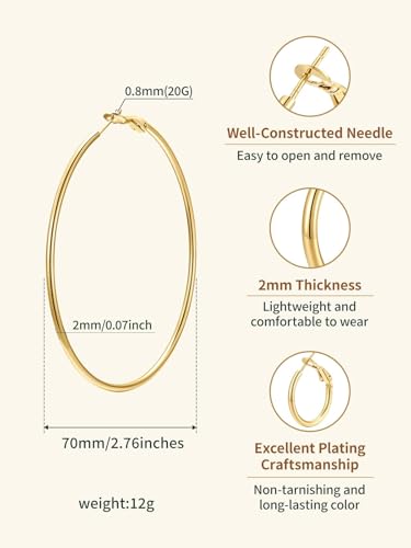 FindChic Thin Hoop Earrings for Women,Silver/Black/Gold Plated 20-100mm - color: Gold, size: 70mm